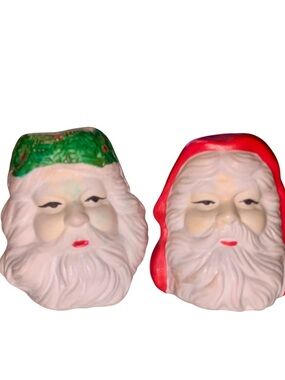 Vintage Set of 2 Santa Head Table Decor in Red & Green Salt and Pepper Shakers